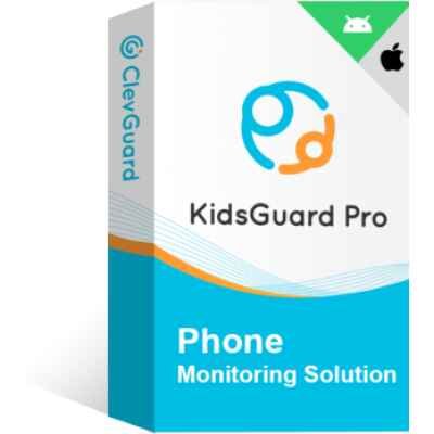 alt=Box packaging for KidsGuard Pro, a phone monitoring solution, featuring logos for Android and iOS compatibility.