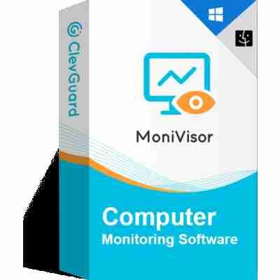 alt=Box design for MoniVisor, a computer monitoring software by ClevGuard, featuring an eye icon and data chart on a blue and white background.