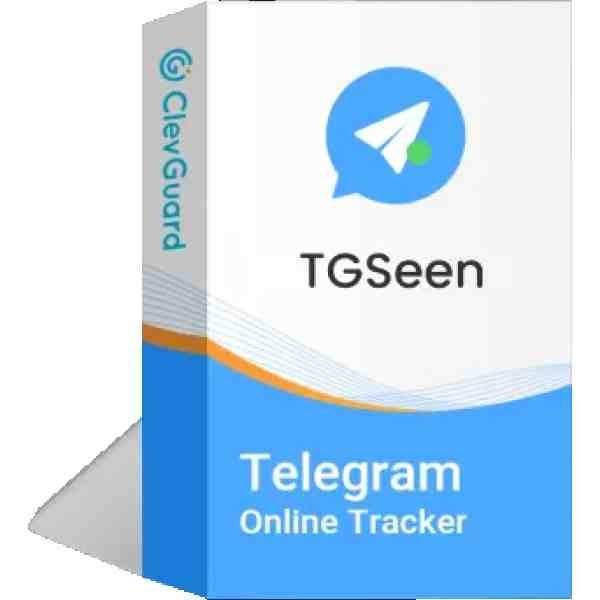 alt=A software box for TGSeen, a Telegram online tracker, featuring the Telegram logo and ClevGuard branding in blue and white.