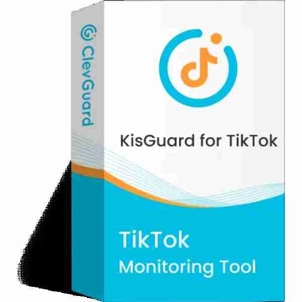 alt=Box design for KidsGuard, a TikTok monitoring tool by ClevGuard, featuring a TikTok logo and descriptive text on the package.