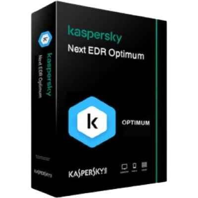 alt=Kaspersky Next EDR Optimum software box featuring a minimalist design with a blue hexagon logo and product title on a black background.
