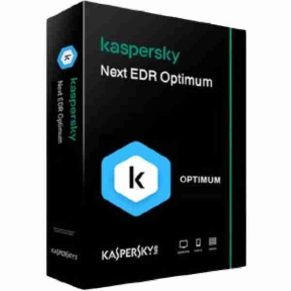 alt=Kaspersky Next EDR Optimum software box featuring a minimalist design with a blue hexagon logo and product title on a black background.