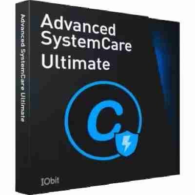 alt=Box cover of Advanced SystemCare Ultimate by IObit, featuring a blue shield with a lightning bolt and text logo on a dark background.