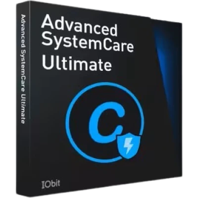 alt=Box cover of Advanced SystemCare Ultimate by IObit, featuring a blue shield with a lightning bolt and text logo on a dark background.