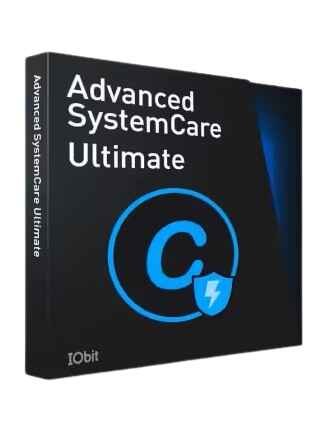 alt=Box cover of Advanced SystemCare Ultimate by IObit, featuring a blue shield with a lightning bolt and text logo on a dark background.