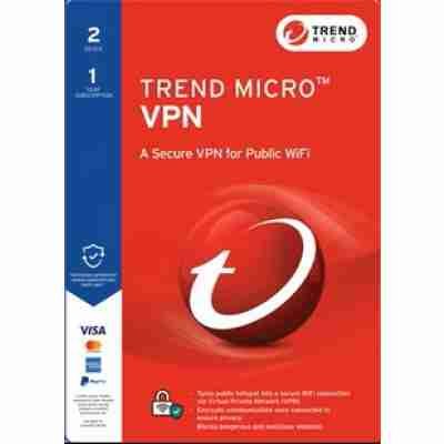 alt=Product packaging for Trend Micro VPN, featuring a red background, logo, and promotional text highlighting security for public WiFi.