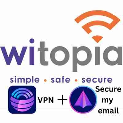alt=Logo of Witopia featuring the tagline "simple, safe, secure," with icons for a VPN service and email security.
