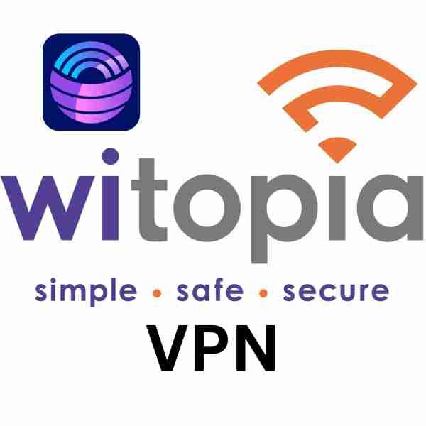 alt=Logo for Witopia VPN showcasing the tagline "simple, safe, secure" with a colorful globe icon and a Wi-Fi signal symbol.