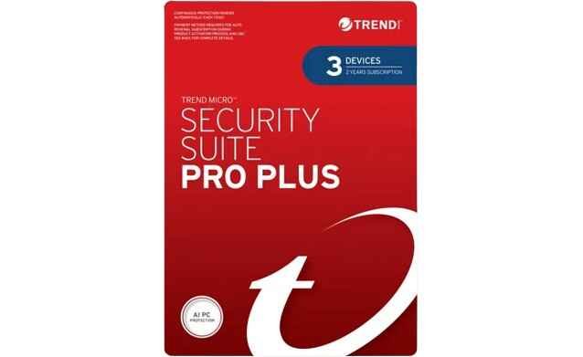 alt=Red software package for Trend Micro Security Suite Pro Plus, offering protection for 3 devices with a 2-year subscription.