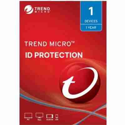 alt=Trend Micro ID Protection software box for 1 device, providing one year of identity protection services. Red background with logo.