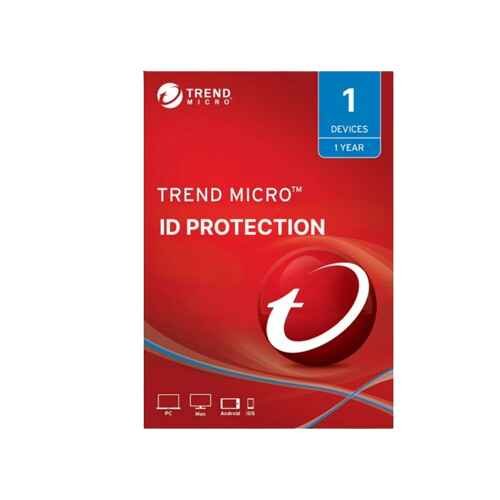 alt=Trend Micro ID Protection software box for 1 device, providing one year of identity protection services. Red background with logo.