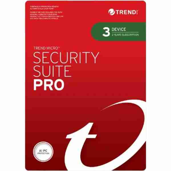 alt=Trend Micro Security Suite Pro packaging, featuring a red design with text indicating a 2-year subscription for 3 devices.