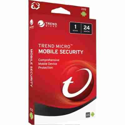 alt=Package for Trend Micro Mobile Security software, featuring protection for one device over 24 months; designed for iOS and Android.