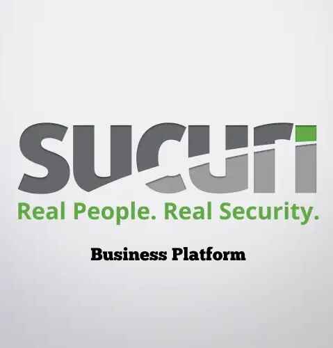 alt=Logo of Sucuri, featuring the slogan "Real People. Real Security." Below, the words "Business Platform" are prominently displayed.
