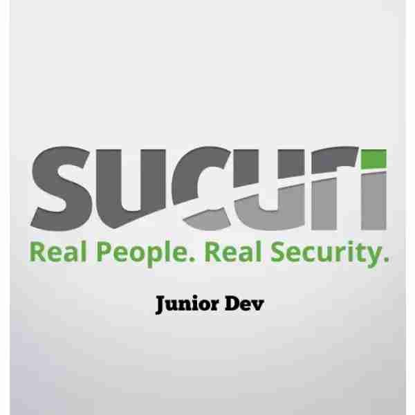 alt=Logo of Sucuri featuring the slogan "Real People. Real Security." with the title "Junior Dev" below in bold text.
