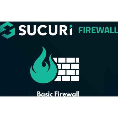 alt=Logo for Sucuri Firewall, featuring a flame and brick wall icon with the text "Basic Firewall" below.