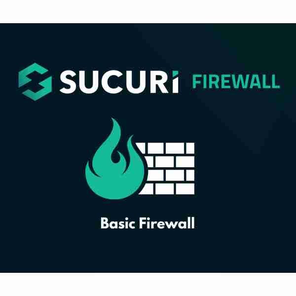 alt=Logo for Sucuri Firewall, featuring a flame and brick wall icon with the text "Basic Firewall" below.