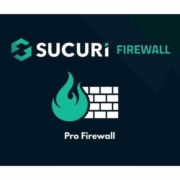 alt=Logo of Sucuri Firewall featuring a flame icon and brick wall, labeled "Pro Firewall" on a dark background.