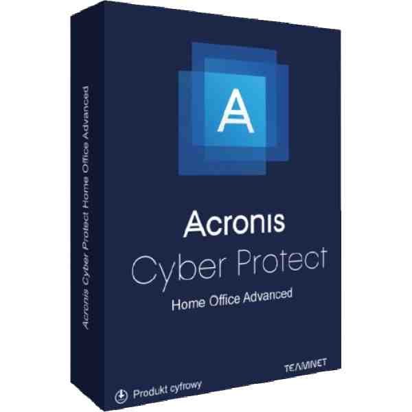 alt=Box packaging of Acronis Cyber Protect Home Office Advanced software, featuring a minimalist design with a prominent logo and name.