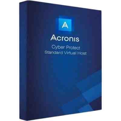 alt=Acronis Cyber Protect Standard Virtual Host software box with blue geometric design and logo on a dark blue background.