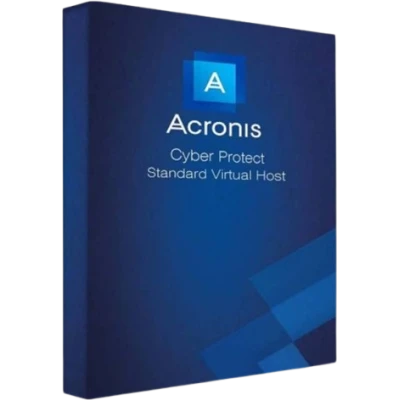 alt=Acronis Cyber Protect Standard Virtual Host software box with blue geometric design and logo on a dark blue background.