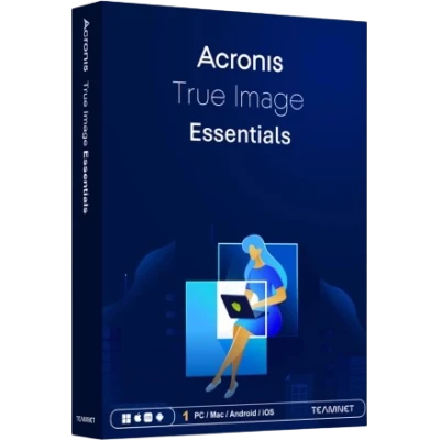 alt=A blue software box for Acronis True Image Essentials, featuring a person using a laptop. Compatible with PC, Mac, Android, and iOS.