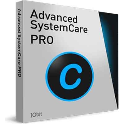 alt=Boxed software package for Advanced SystemCare PRO by IObit, featuring a prominent blue "C" logo on a sleek gray background.