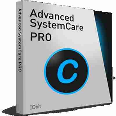 alt=Boxed software package for Advanced SystemCare PRO by IObit, featuring a prominent blue "C" logo on a sleek gray background.