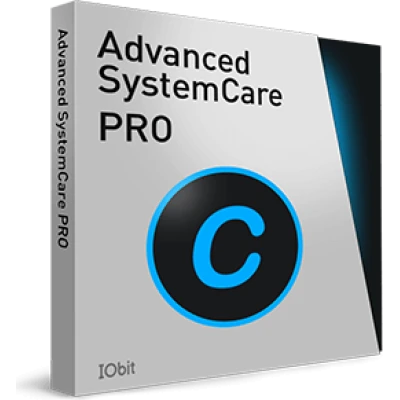 alt=Boxed software package for Advanced SystemCare PRO by IObit, featuring a prominent blue "C" logo on a sleek gray background.