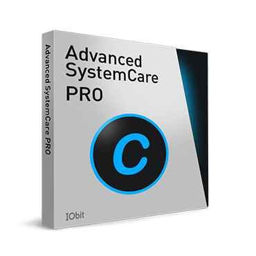 alt=Boxed software package for Advanced SystemCare PRO by IObit, featuring a prominent blue "C" logo on a sleek gray background.