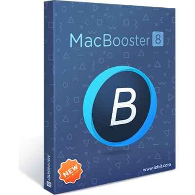 alt=MacBooster 8 software box featuring a blue logo with a white "B" on a geometric pattern background, marked as "NEW."