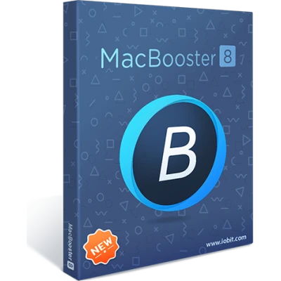 alt=MacBooster 8 software box featuring a blue logo with a white "B" on a geometric pattern background, marked as "NEW."