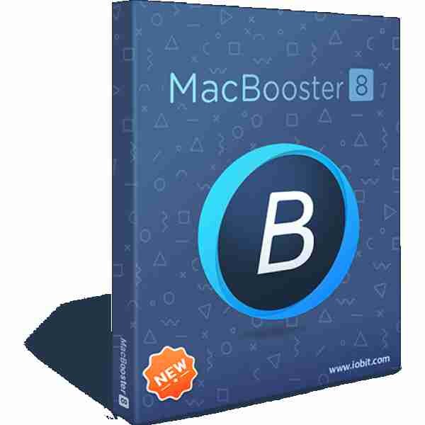 alt=MacBooster 8 software box featuring a blue logo with a white "B" on a geometric pattern background, marked as "NEW."