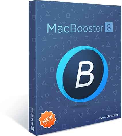 alt=MacBooster 8 software box featuring a blue logo with a white "B" on a geometric pattern background, marked as "NEW."