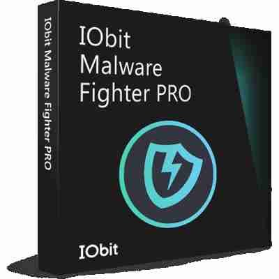 alt=IObit Malware Fighter PRO software box featuring a shield with a lightning bolt, designed for malware protection and online security.