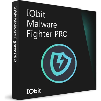 alt=IObit Malware Fighter PRO software box featuring a shield with a lightning bolt, designed for malware protection and online security.