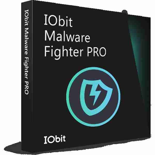 alt=IObit Malware Fighter PRO software box featuring a shield with a lightning bolt, designed for malware protection and online security.