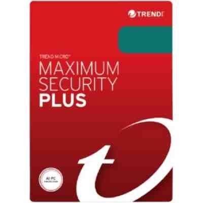alt=Red packaging for Trend Micro Maximum Security Plus software, featuring the logo and a green accent.
