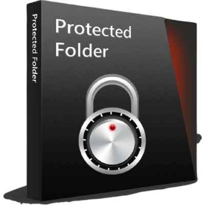 alt=A black software box labeled "Protected Folder" featuring a padlock graphic, symbolizing file security and confidentiality.