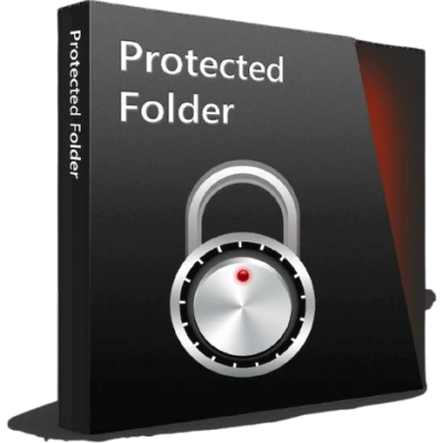 alt=A black software box labeled "Protected Folder" featuring a padlock graphic, symbolizing file security and confidentiality.