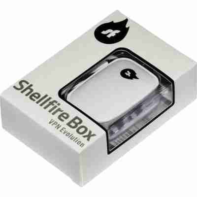 alt=White Shellfire Box packaging for a VPN device, featuring a flame logo and the text "VPN Evolution" on a sleek, modern box design.