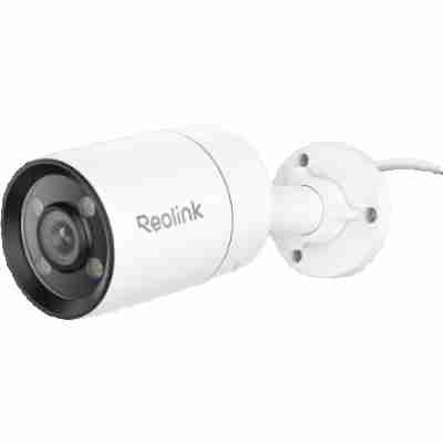 alt=White Reolink security camera mounted on a wall, featuring a lens and infrared LEDs for night vision.