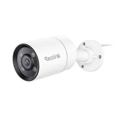 alt=White Reolink security camera mounted on a wall, featuring a lens and infrared LEDs for night vision.