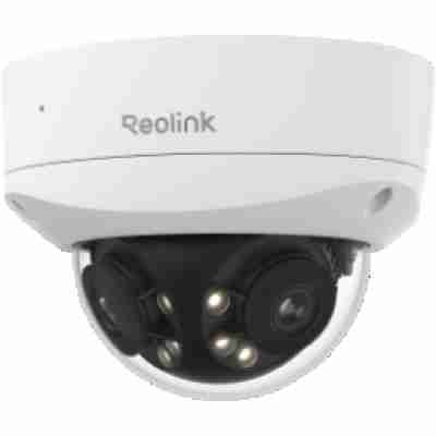alt=White dome security camera with multiple lenses and LED lights, designed for surveillance, featuring the Reolink logo.