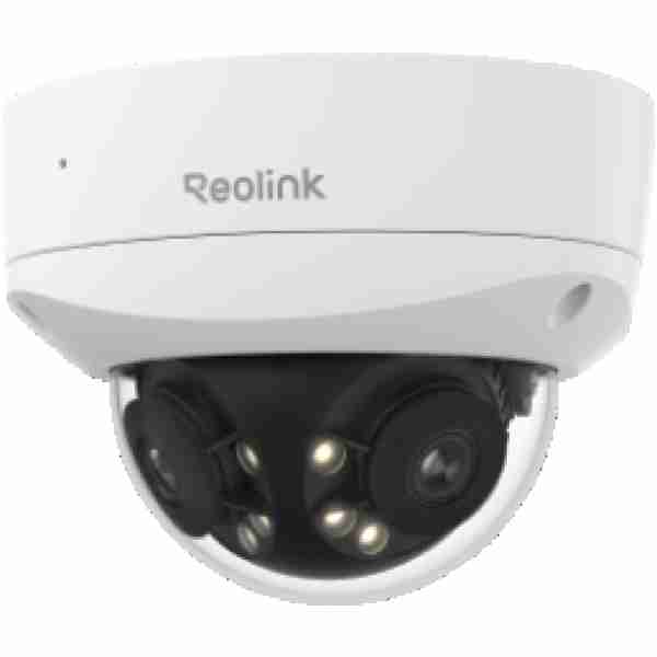 alt=White dome security camera with multiple lenses and LED lights, designed for surveillance, featuring the Reolink logo.