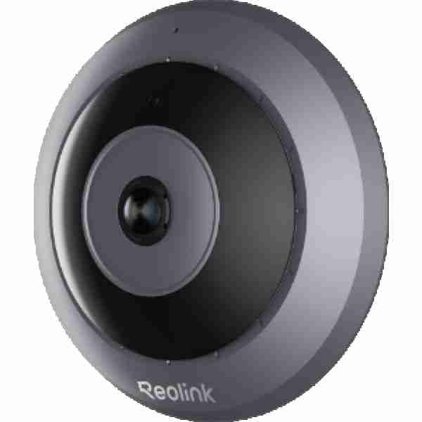 alt=Reolink circular security camera with a sleek gray design and a wide-angle lens for enhanced surveillance.