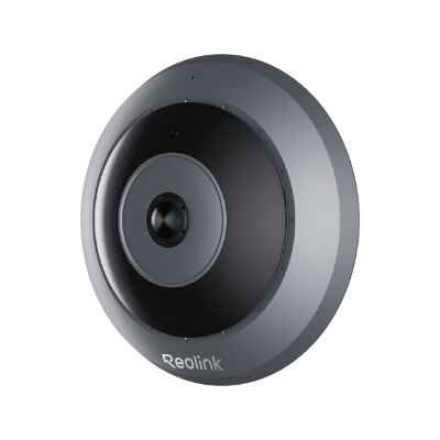 alt=Reolink circular security camera with a sleek gray design and a wide-angle lens for enhanced surveillance.