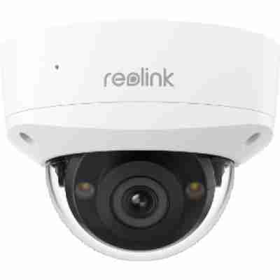 alt=White dome security camera with a black lens, featuring the Reolink logo, designed for indoor or outdoor surveillance.
