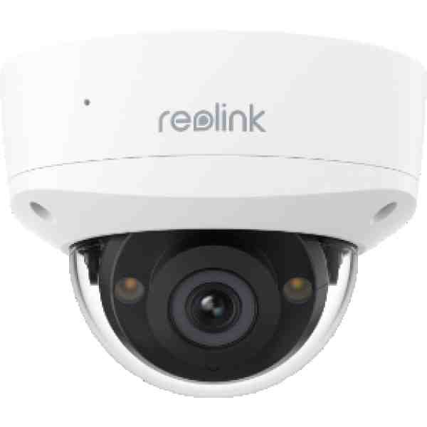 alt=White dome security camera with a black lens, featuring the Reolink logo, designed for indoor or outdoor surveillance.