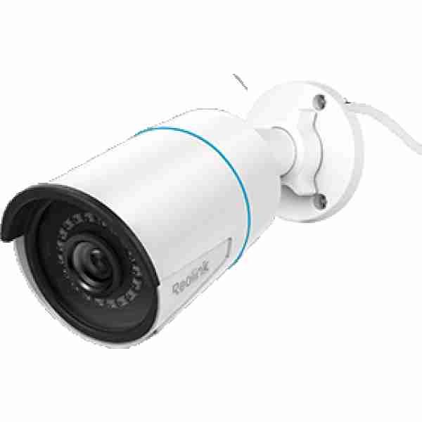 alt=A compact, white outdoor security camera with a black lens and blue accent, mounted on a wall, designed for surveillance.